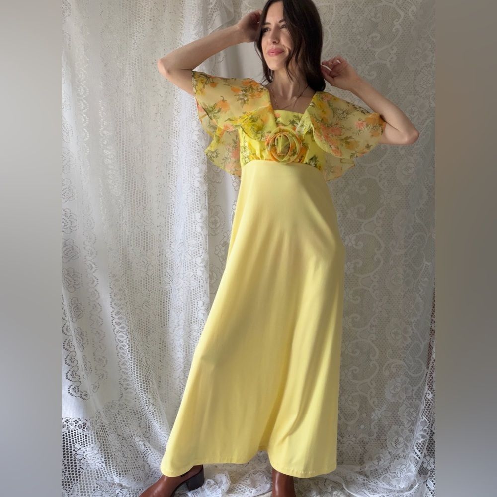 Vintage Yellow Floral Chiffon Maxi Dress 70s Prairie Garden Party - Picture 10 of 14